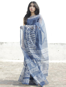 Indigo Ivory Hand Block Printed Kota Doria Saree in Natural Colors - S031702257