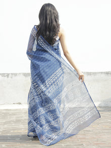 Indigo Ivory Hand Block Printed Kota Doria Saree in Natural Colors - S031702257