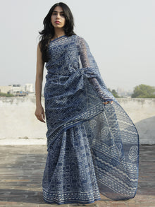 Indigo Ivory Hand Block Printed Kota Doria Saree in Natural Colors - S031702270