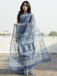 Indigo Ivory Hand Block Printed Kota Doria Saree in Natural Colors - S031702270