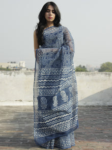 Indigo Ivory Hand Block Printed Kota Doria Saree in Natural Colors - S031702270