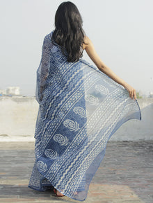 Indigo Ivory Hand Block Printed Kota Doria Saree in Natural Colors - S031702270