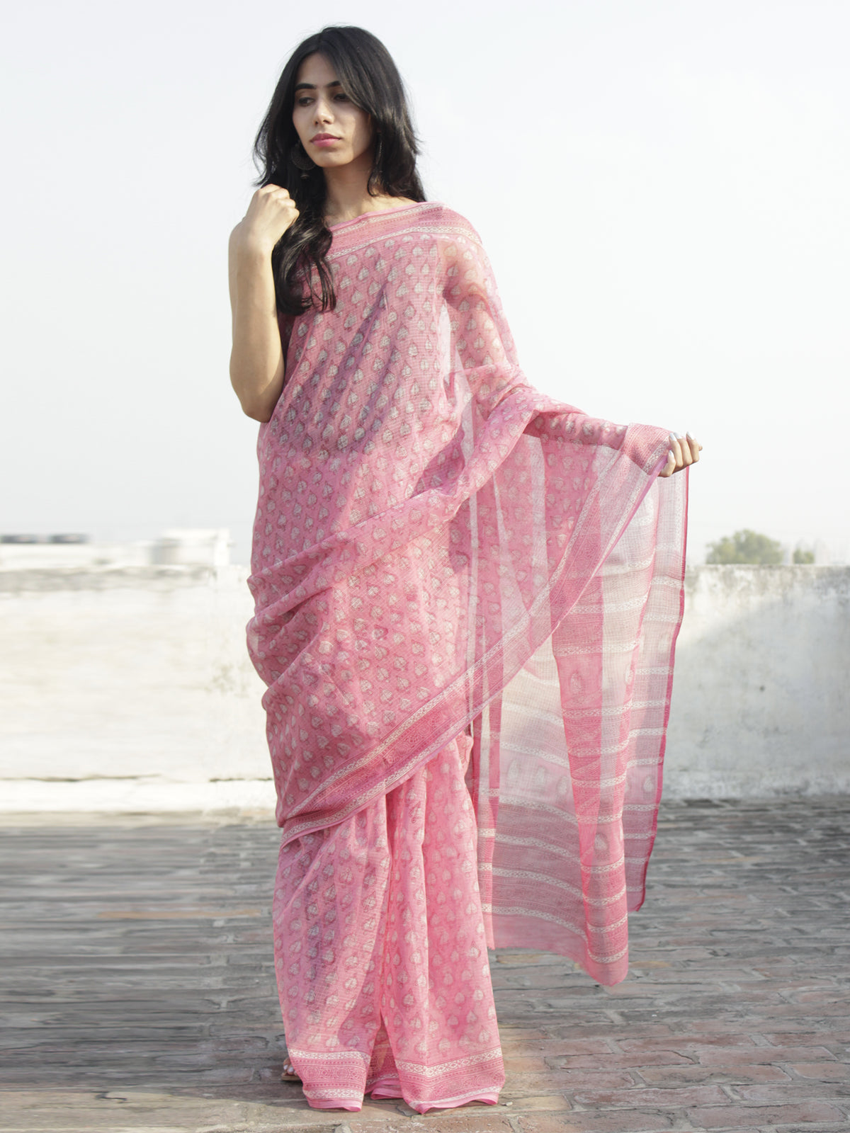 Pastel Pink Ivory Hand Block Printed Kota Doria Saree in Natural Colors - S031702275