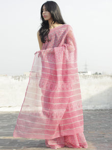 Pastel Pink Ivory Hand Block Printed Kota Doria Saree in Natural Colors - S031702275