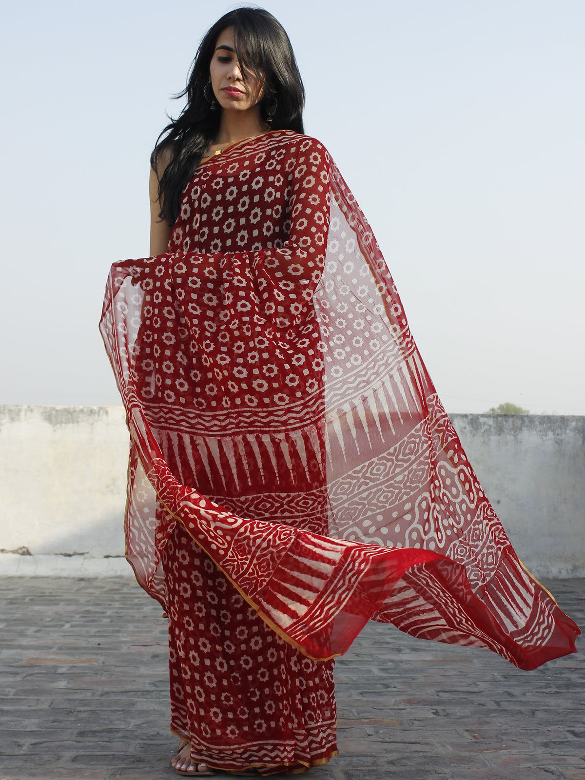 Maroon Ivory Hand Block Printed Chiffon Saree - S031702332