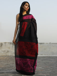 Black Red Pink Hand Batik & Block Printed Cotton Saree - S031702349