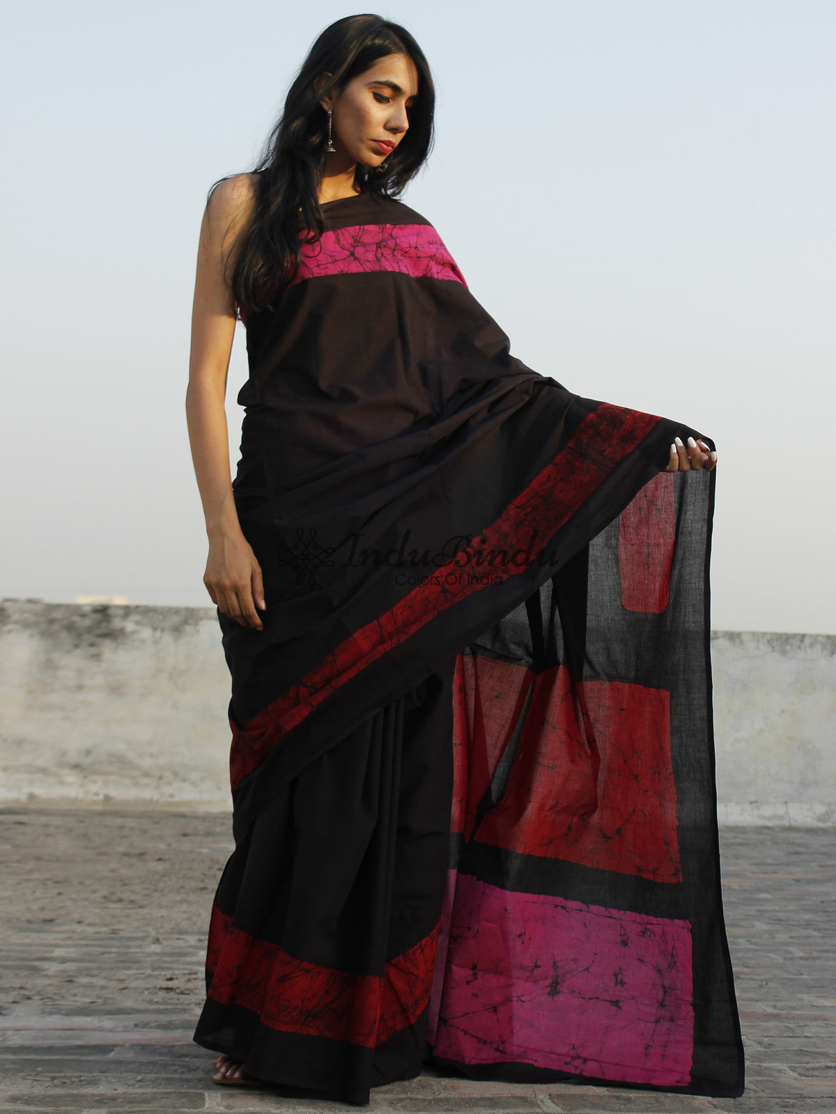 Black Red Pink Hand Batik & Block Printed Cotton Saree - S031702349