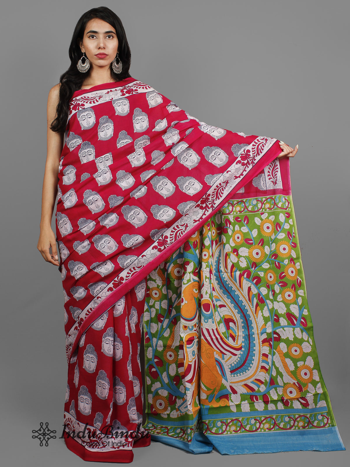 Red White Black Hand Block Kalamkari Printed Cotton Saree With Kalamkari Printed Pallu - S031702413