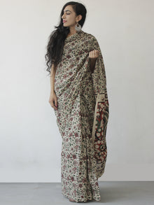 Beige Maroon Green Hand Block Printed Cotton Saree With Kalamkari Printed Pallu - S031702421