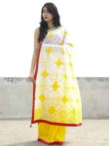 Yellow White Hand Shibori Dyed Saree With Red Green Border & Tassels - S031702560