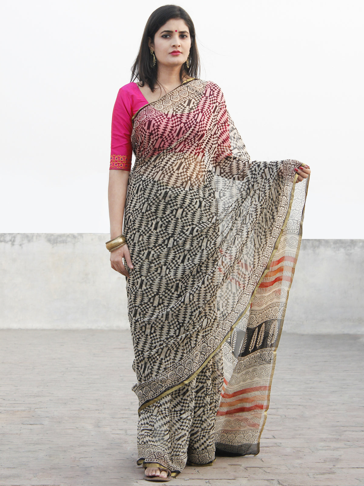 Beige Black Hand Block Printed Chiffon Saree With Zari Border - S031702576