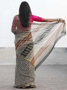 Beige Black Hand Block Printed Chiffon Saree With Zari Border - S031702576