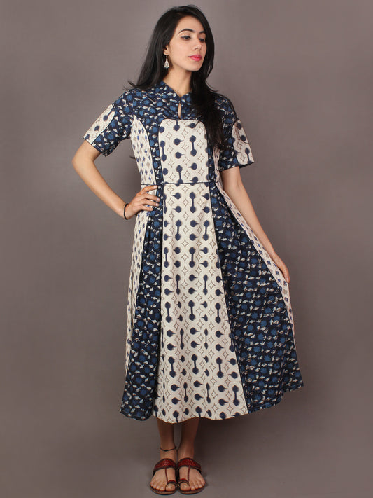 Beige Indigo Ivory Hand Block Printed Cotton Long Multi Panel Dress With Mandarin Collar & Piping All Over - D1539101