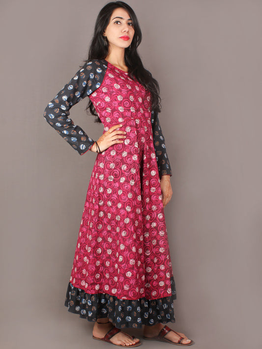 Pink Black Multi Color Indigo Beige Ivory Hand Block Printed Long Cotton Dress With Gather - D0641309