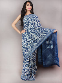 Indigo Ivory Dabu Cotton Hand Block Printed Saree - S03170754