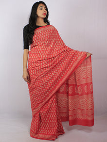 Sacrlet Red Pink Beige Hand Block Printed Cotton Saree in Natural Colors - S03170818