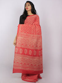 Sacrlet Red Pink Beige Hand Block Printed Cotton Saree in Natural Colors - S03170818