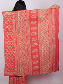 Sacrlet Red Pink Beige Hand Block Printed Cotton Saree in Natural Colors - S03170818