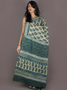 Tussar Handloom Silk Hand Block Printed Saree in Pine Green & Ivory - S03170954