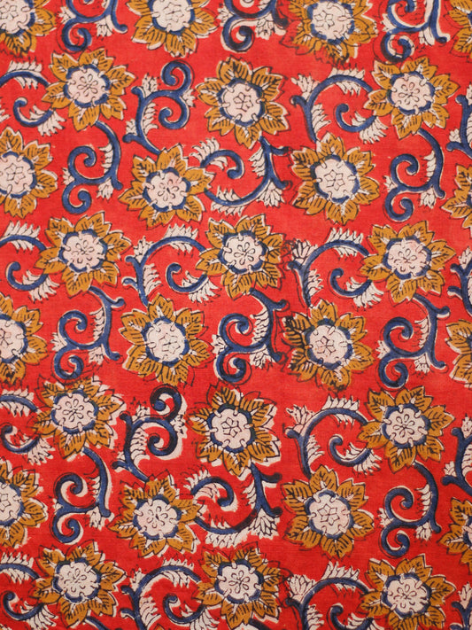 Rust Mustard Ivory Blue Hand Block Printed Cotton Fabric Per Meter - F001F1813