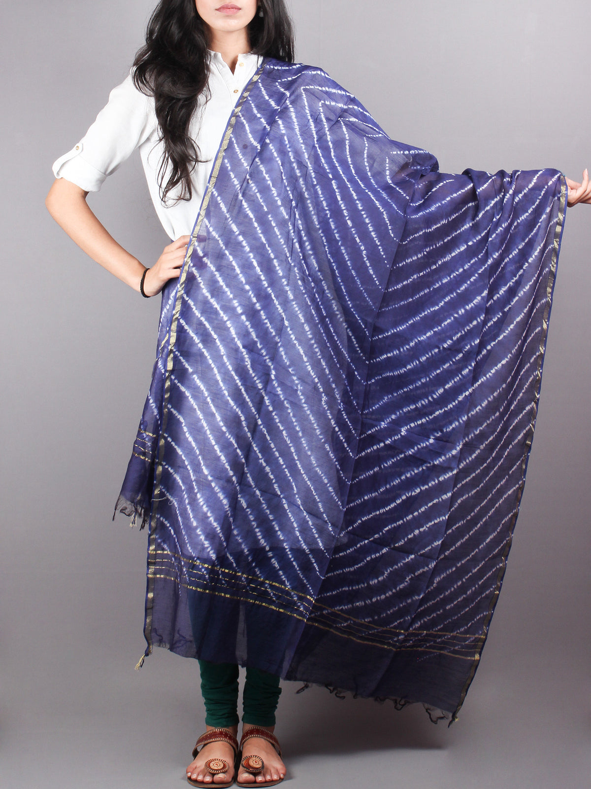 Indigo Shibori Hand Dyed in Natural Vegetable Colors Chanderi Dupatta - D0417062