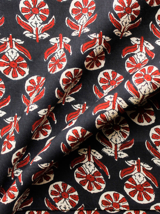 Black Beige Red Hand Block Printed Cotton Fabric Per Meter - F001F1484