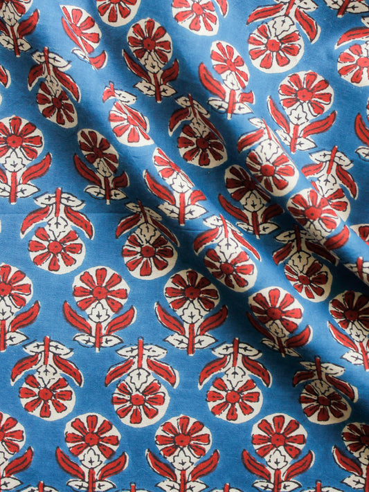 Blue Red Ivory Hand Block Printed Cotton Fabric Per Meter - F001F1485