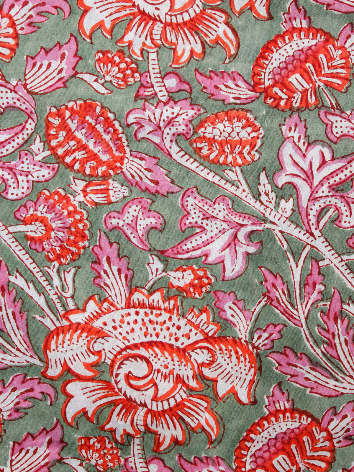 Green Pink Red White Hand Block Printed Cotton Fabric Per Meter - F001F1505