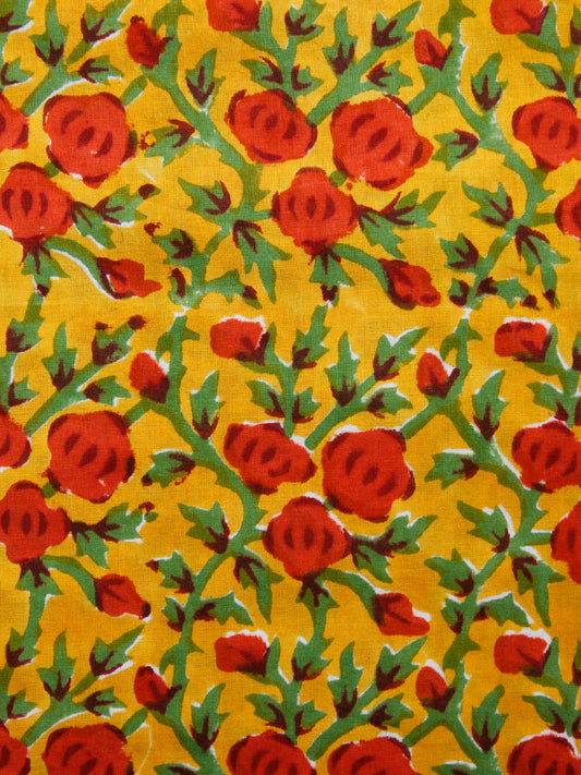 Yellow Red Green Hand Block Printed Cotton Fabric Per Meter - F001F1487