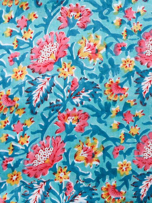 Sky Blue Pink Yellow White Hand Block Printed Cotton Fabric Per Meter - F001F1486