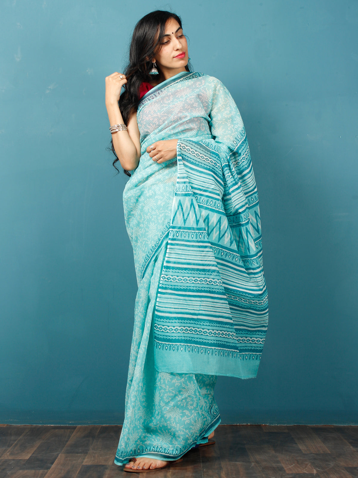 Sea Green Ivory Hand Block Printed Kota Doria Saree in Natural Colors - S031702837