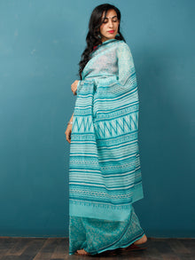 Sea Green Ivory Hand Block Printed Kota Doria Saree in Natural Colors - S031702837