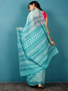 Sea Green Ivory Hand Block Printed Kota Doria Saree in Natural Colors - S031702837