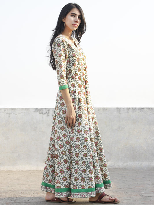 Ivory Pink Green Grey Long Front Open Hand Block Printed Cotton Dress With Lining - D149F1098