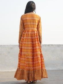 Orange Yellow Ivory Hand Woven Mercerized Cotton Ikat Tier Dress - D135F837