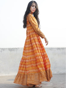 Orange Yellow Ivory Hand Woven Mercerized Cotton Ikat Tier Dress - D135F837