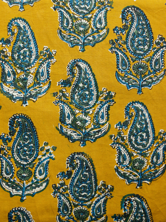 Mustard Ivory Teal Blue Green Hand Block Printed Cotton Fabric Per Meter - F001F1816