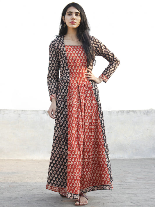 Black Brick Red Ivory Hand Block Printed Long Dress With Box Pleats - D171F1145