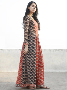 Black Brick Red Ivory Hand Block Printed Long Dress With Box Pleats - D171F1145