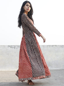 Black Brick Red Ivory Hand Block Printed Long Dress With Box Pleats - D171F1145