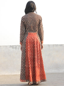 Black Brick Red Ivory Hand Block Printed Long Dress With Box Pleats - D171F1145