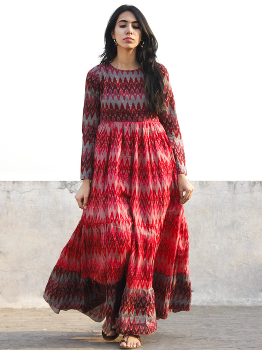 Red Maroon Pink Grey Hand Woven Mercerized Cotton Ikat Tier Dress - D172F835