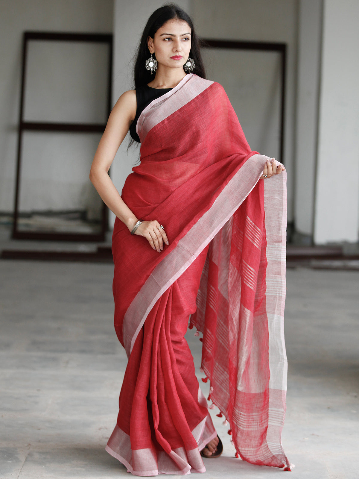 Fiery Red Litchi Silk saree with weaving silver Zari