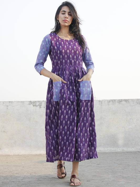 Purple Ivory Blue Hand Woven Mercerized Cotton Ikat Dress With Pockets - D173F1032