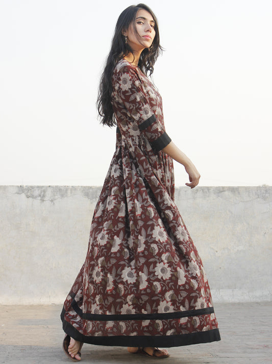 Brown Ivory Grey Black Hand Block Printed Cotton Long Dress With Back Details - D136F1136