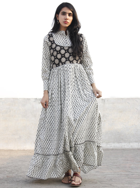 Ivory Black Grey Hand Block Printed Cotton Long Dress With Stand Collar  - D174F1058