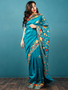 Turquoise Blue Yellow Red Green Aari Embroidered Bhagalpuri Silk Saree From Kashmir  - S031703063