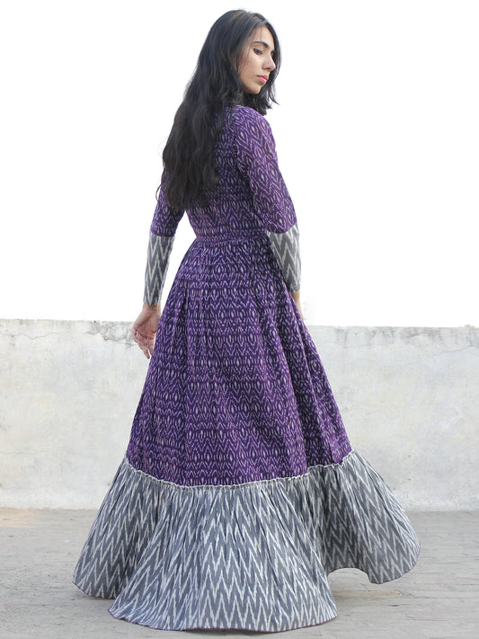 Violet Grey Ivory Hand Woven Cotton Mercerized  Ikat Tier Dress - D175F840