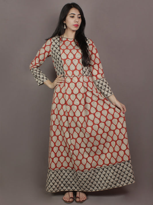 Red Beige Black Hand Block Printed Long Cotton Dress With Box Pleats & Side Pockets - D2522602