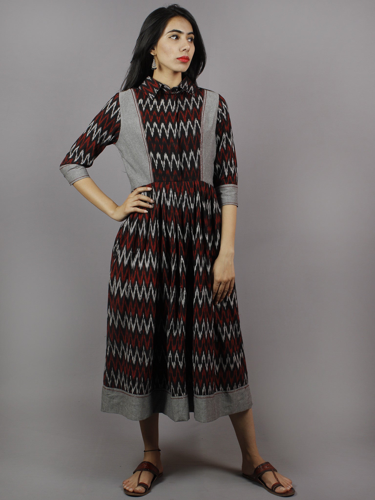 Black Red Grey Ikkat Dress With Side Pockets - D3756801 – InduBindu